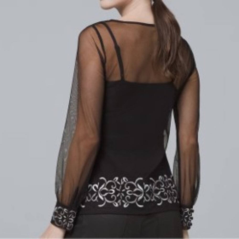 WHBM White House Black Market Sheer Embroidered Mesh Top + Cami Black Sz Medium - Picture 10 of 10